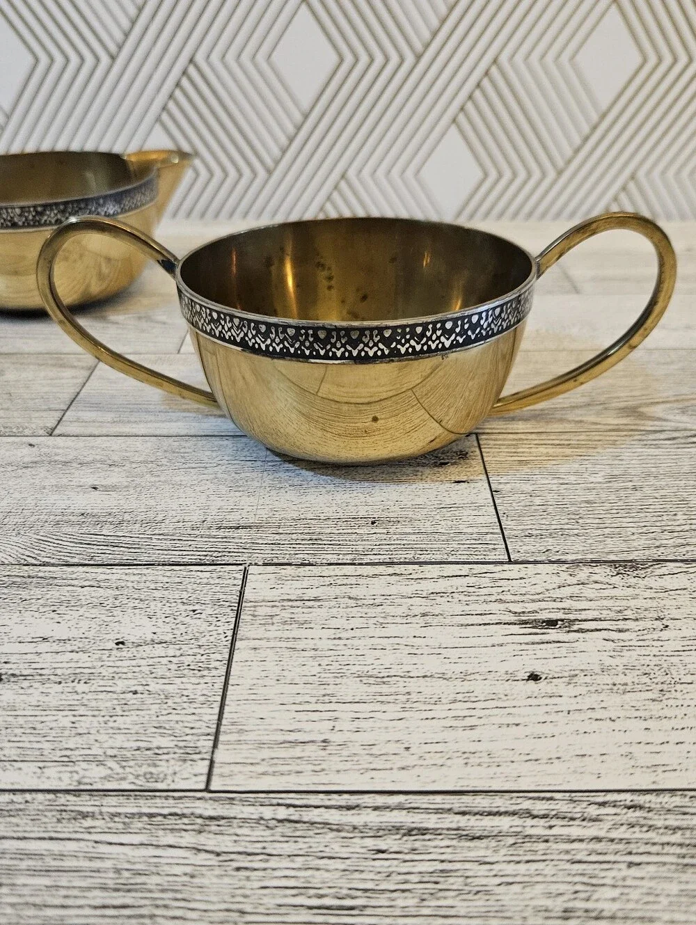 Vintage Creamer & Sugar Bowl 2 Pieces Gold Tone With Decorative Black Border
